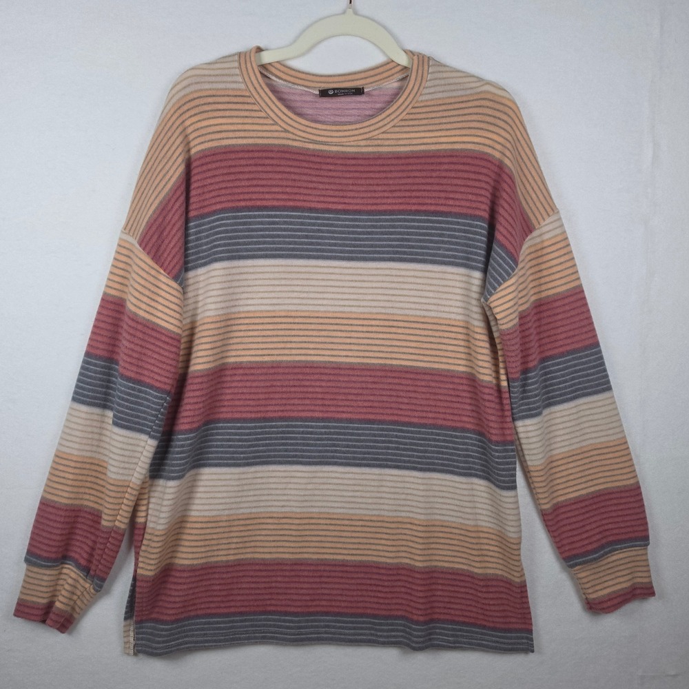 Bombom Stripe Pullover Sweater Medium Multi Color Super Soft Dropped Shoulder